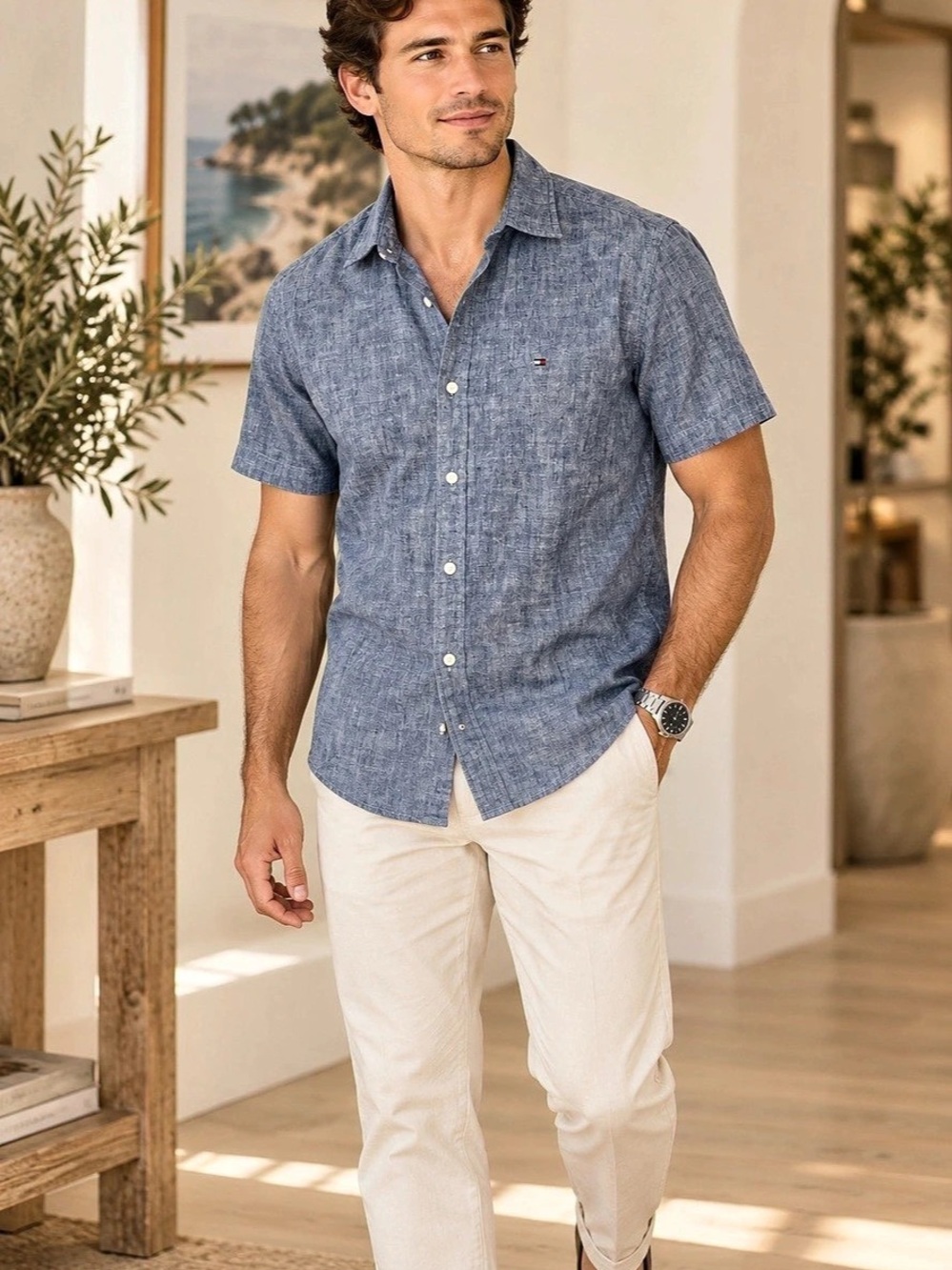 Tommy Hilfiger Custom Fit Short Sleeve Linen-Blend Shirt Blue Medium
